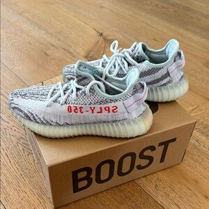 Yeezy Boost 350 V2 Zebra Knit Sneakers in Blue tint, Gray with Red Accent